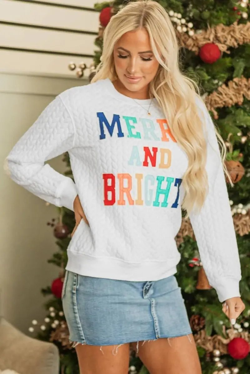 White Merry And Bright Cable Knit Pullover Sweatshirt - Love Salve